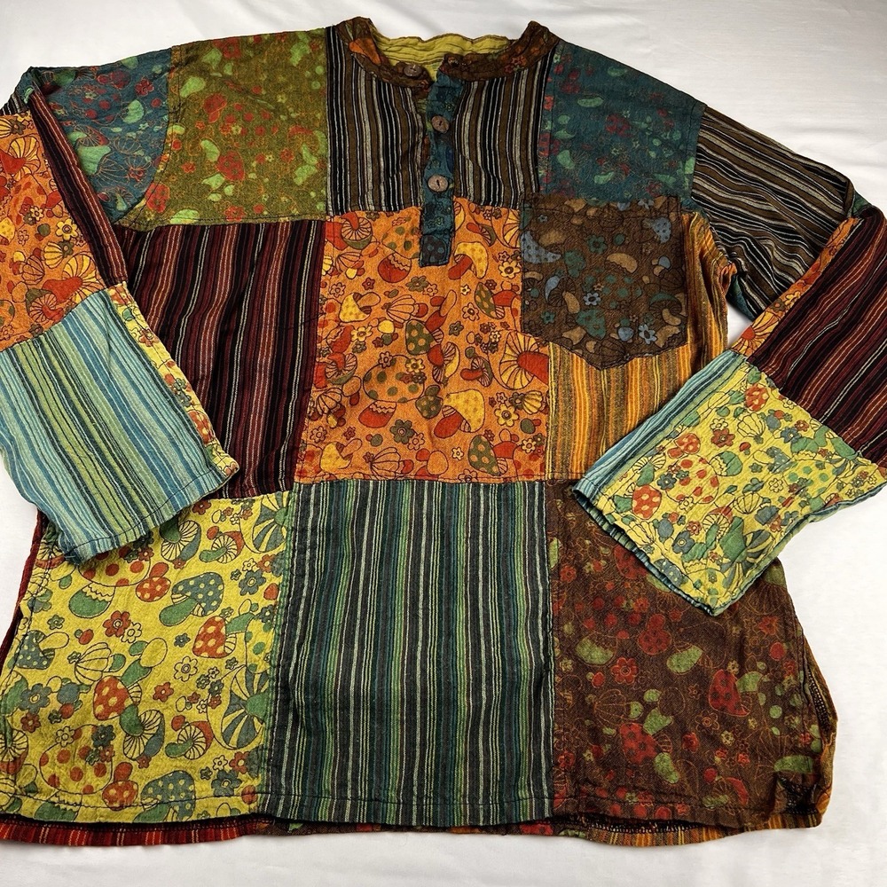 Patchwork Stripe Mushroom Grandad Hippie Forest Folk Festival Casual Shirt Kurta